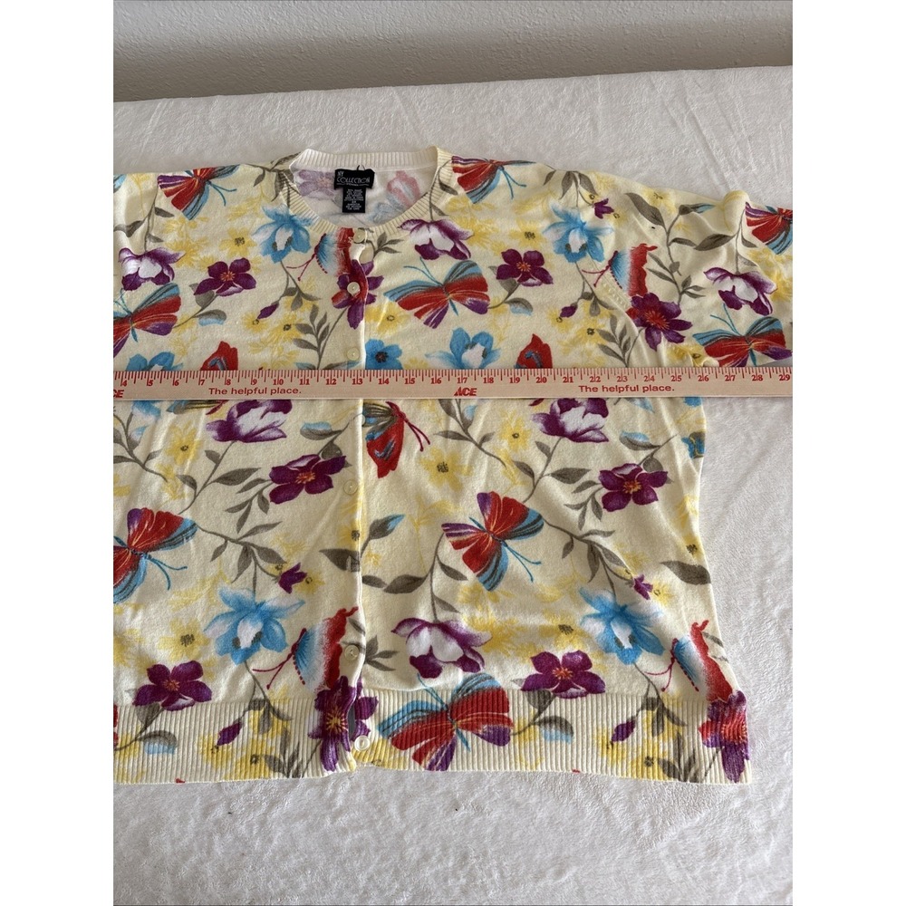 NY Collection Women's 3X Yellow Butterfly Floral Cardigan 3/4 Sleeve Sweater - Picture 7 of 11